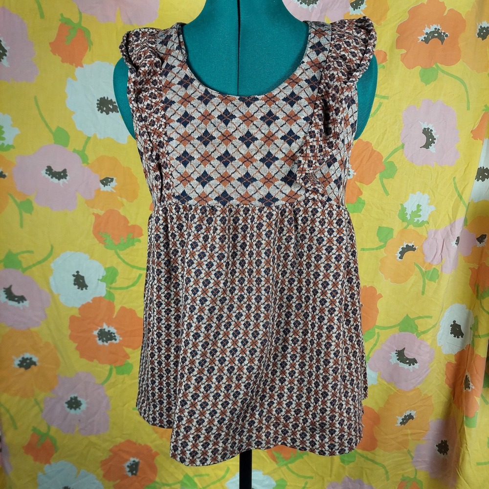 Vintage 70s Handmade Babydoll Ruffle Top Brown Orange Diamond Print Back Button